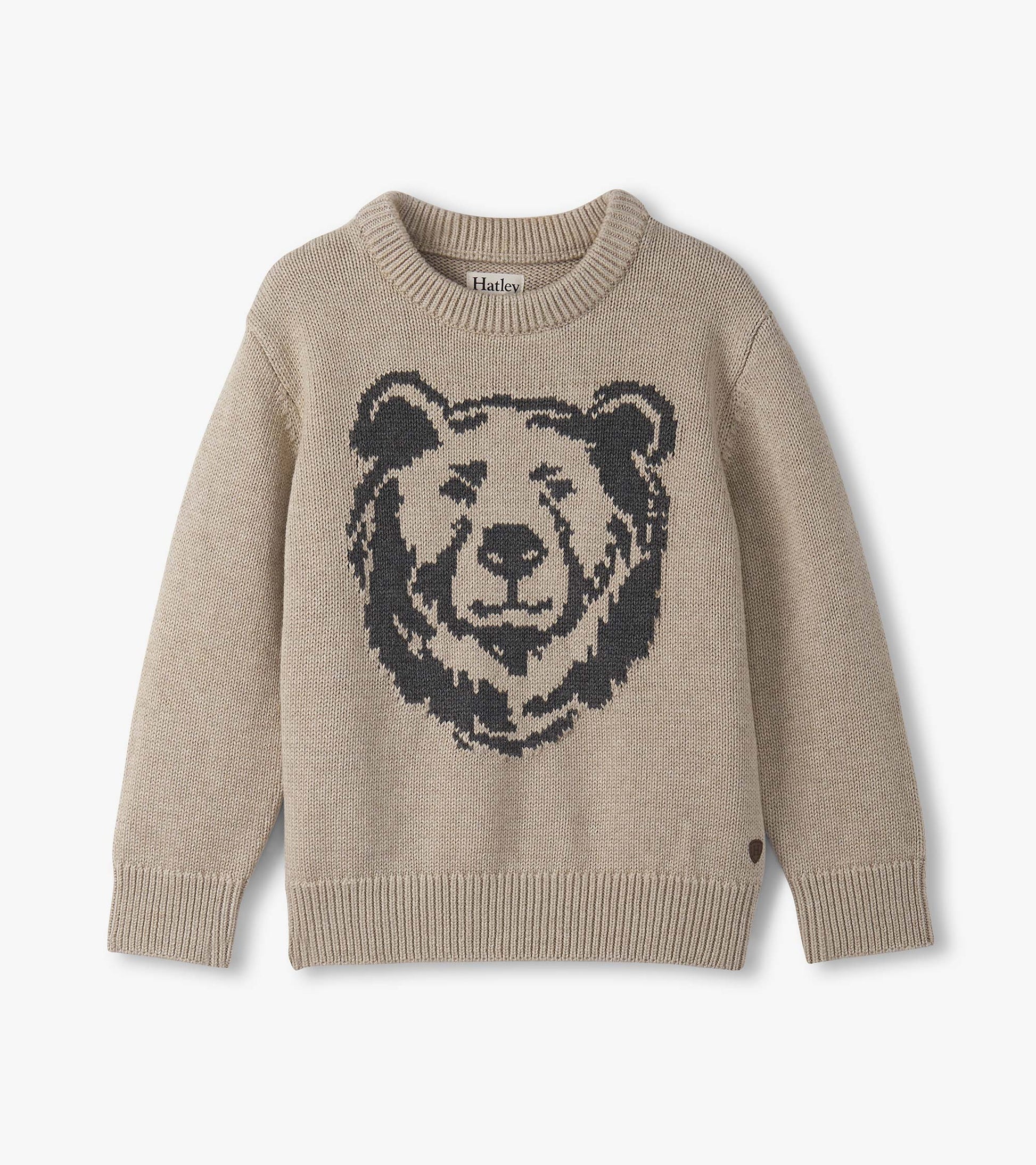 Beige crew neck sweater featuring a bear graphic on the front, suitable for boys.