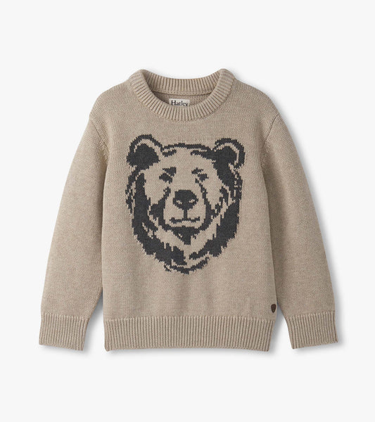Beige crew neck sweater featuring a bear graphic on the front, suitable for boys.