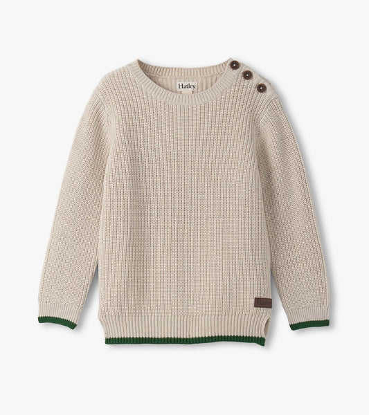 Oatmeal melange sweater with button neck, ribbed cuffs, and green trim, suitable for boys.