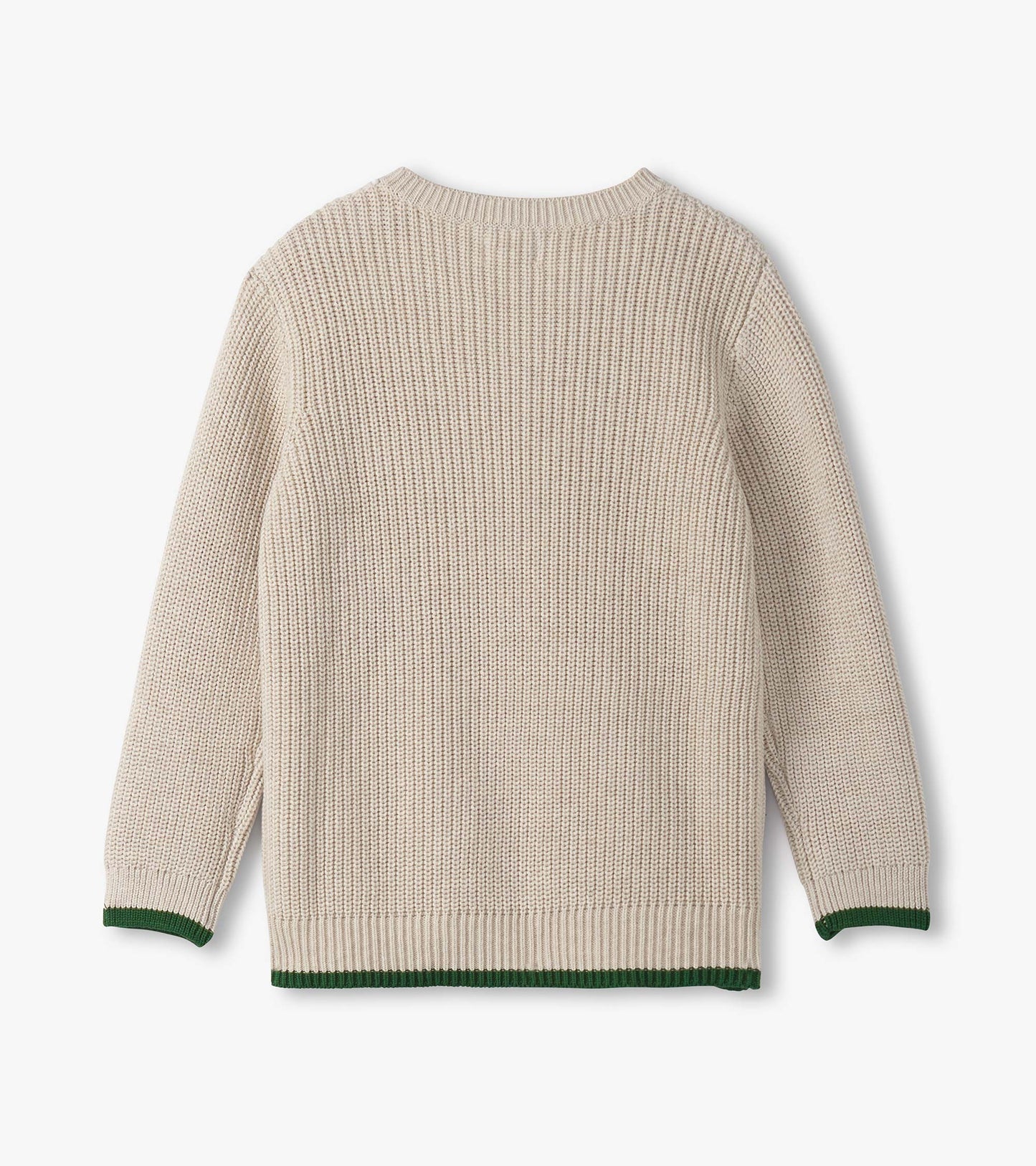 Oatmeal melange sweater with a button neck, featuring a textured knit and green trim at the cuffs and hem.