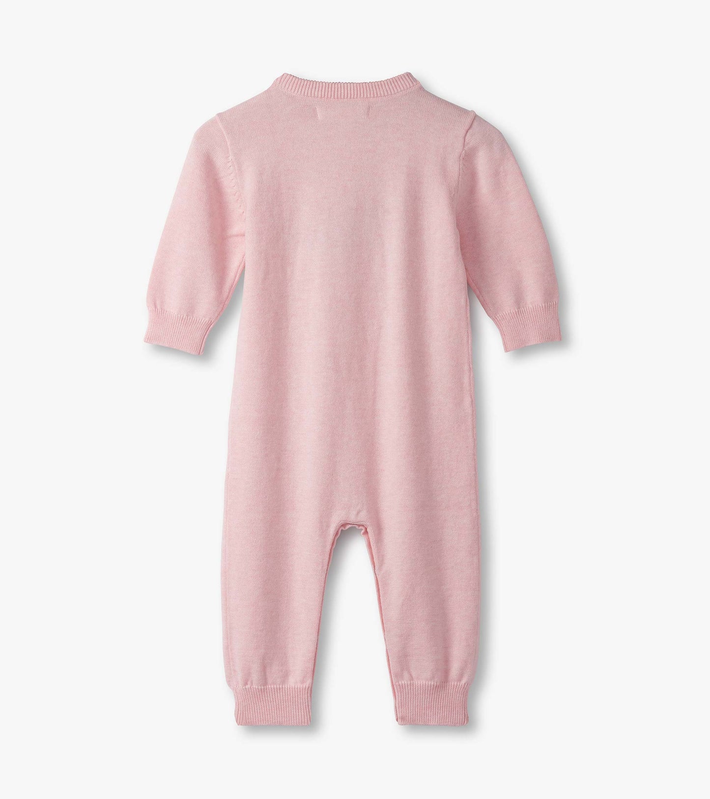 Light pink, long-sleeve sweater romper with ribbed cuffs and neckline, designed for baby girls. Back view shown.