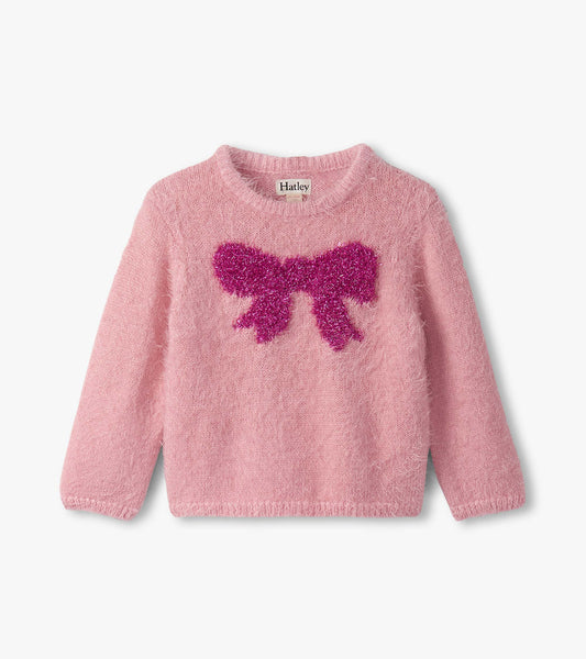 Pink fluffy sweater featuring a shiny purple bow design on the front, suitable for baby and toddler girls.