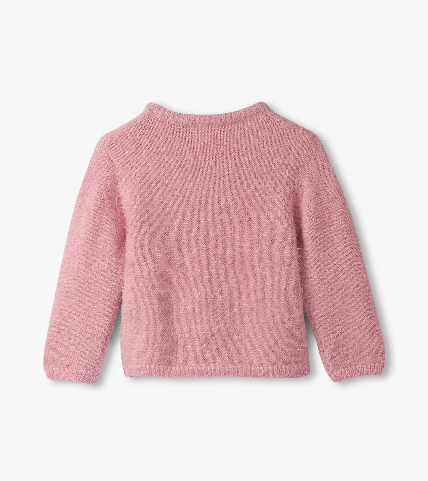 Pink furry sweater for baby and toddler girls, featuring long sleeves and a round neckline. Back view shown.
