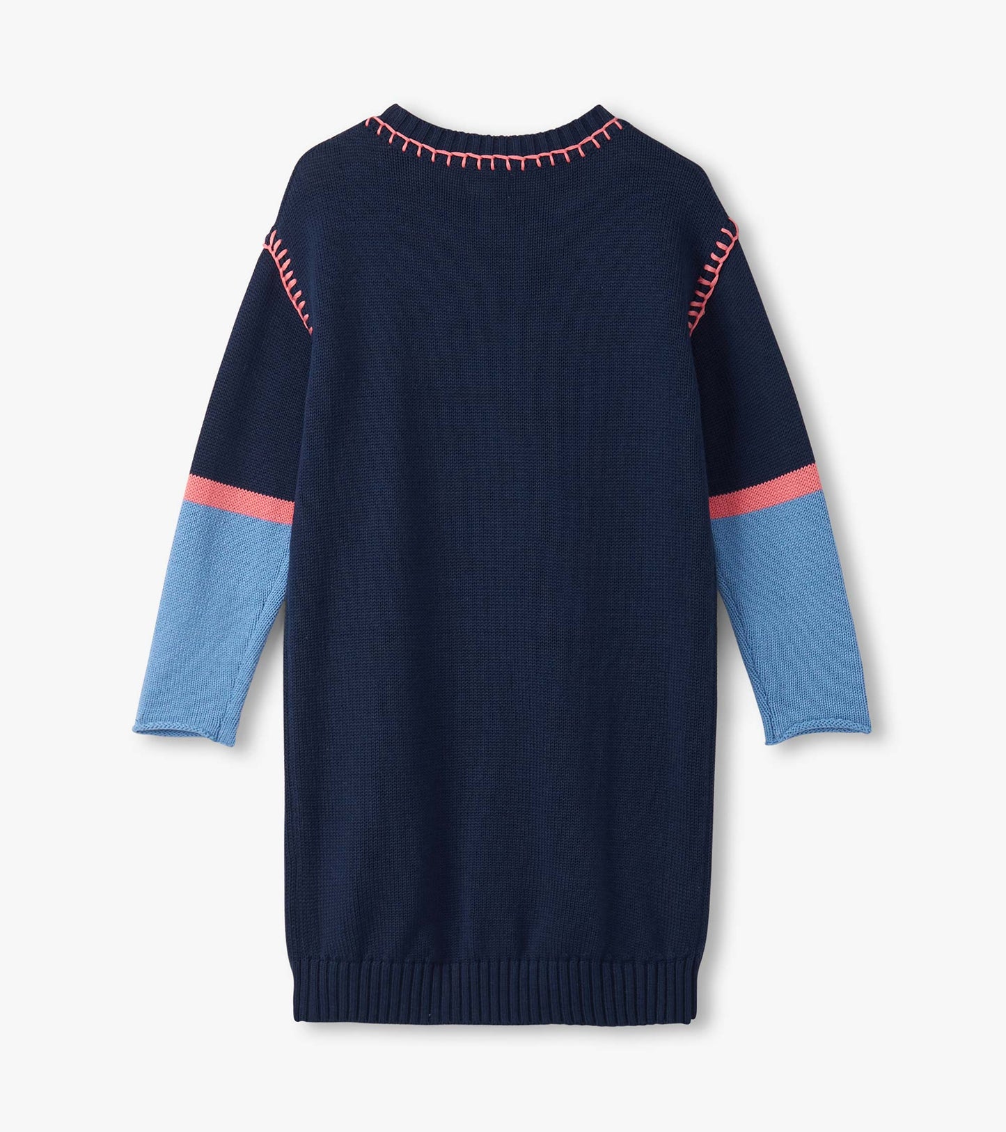 Navy sweater dress with drop shoulders, featuring light blue and pink striped sleeves and a ribbed hem.