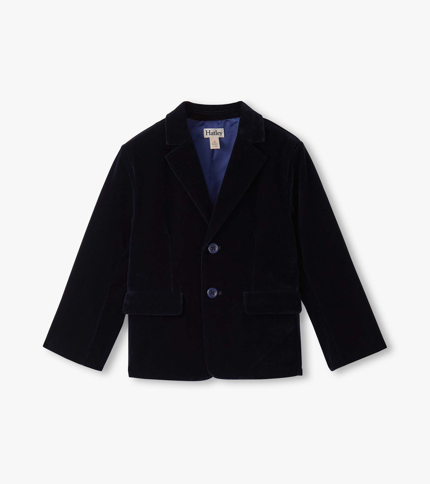 Navy velveteen holiday blazer for boys with a notched collar and two front pockets.