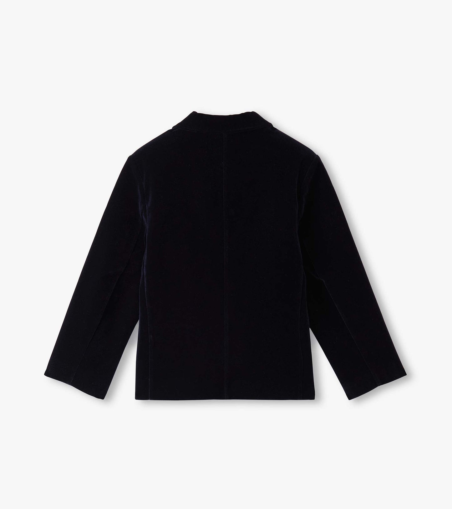 Navy velveteen holiday blazer for boys, featuring a classic collar and long sleeves, shown from the back.