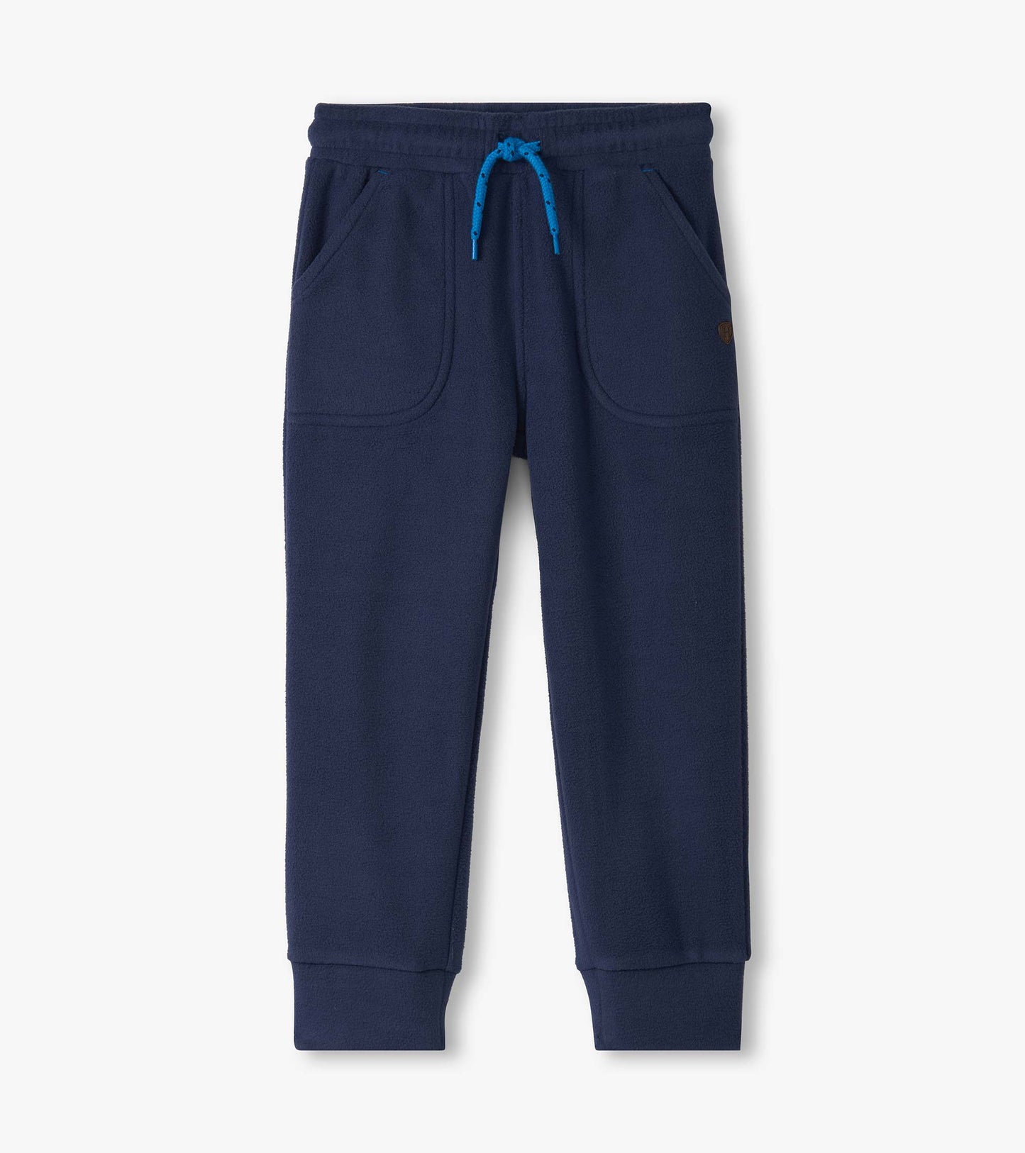 Patriot blue polar fleece joggers with elastic waistband, drawstring, and side pockets.