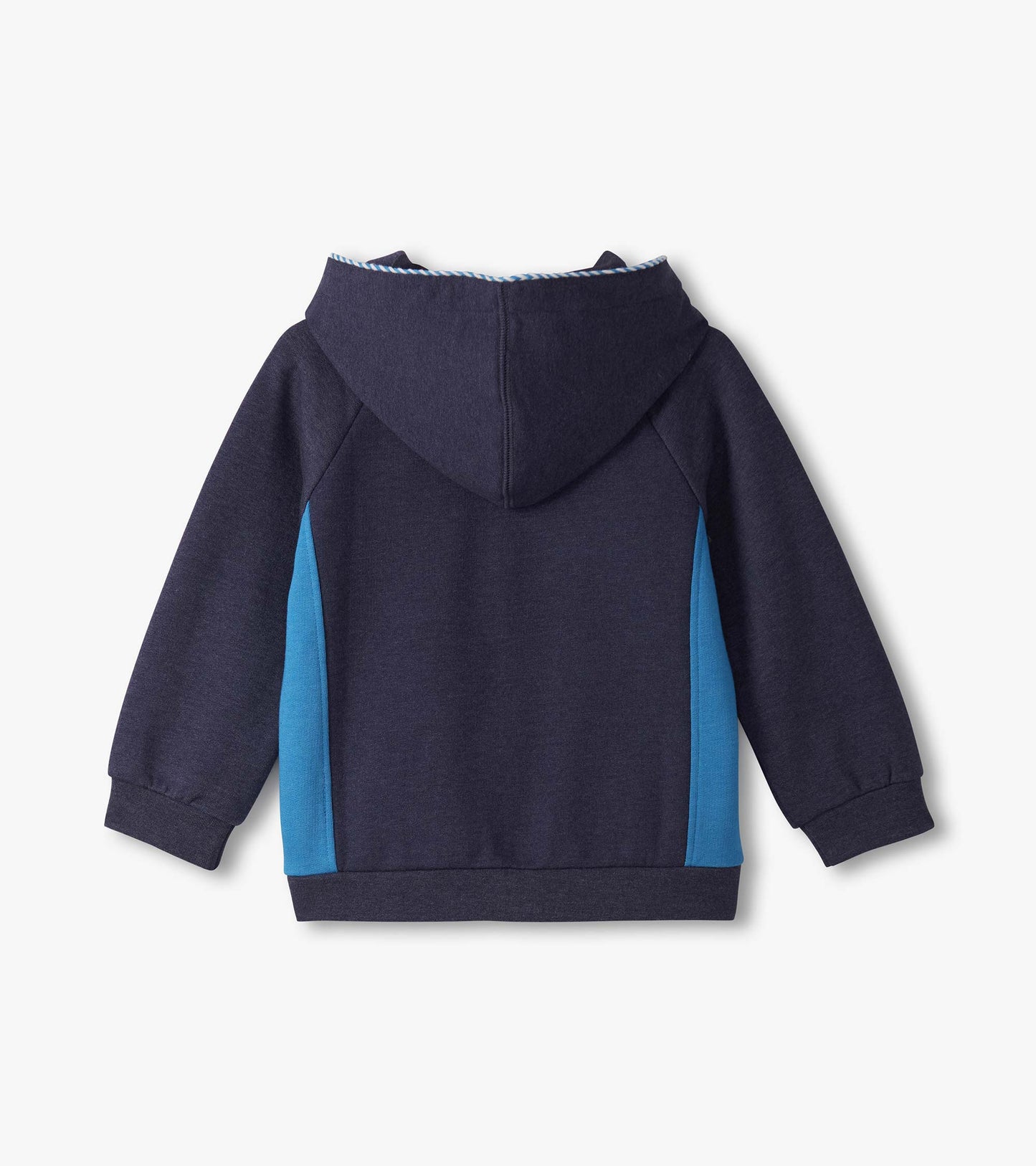 Patriot blue melange zip-up hoodie for baby and toddler boys, featuring a hood and contrasting blue side panels.