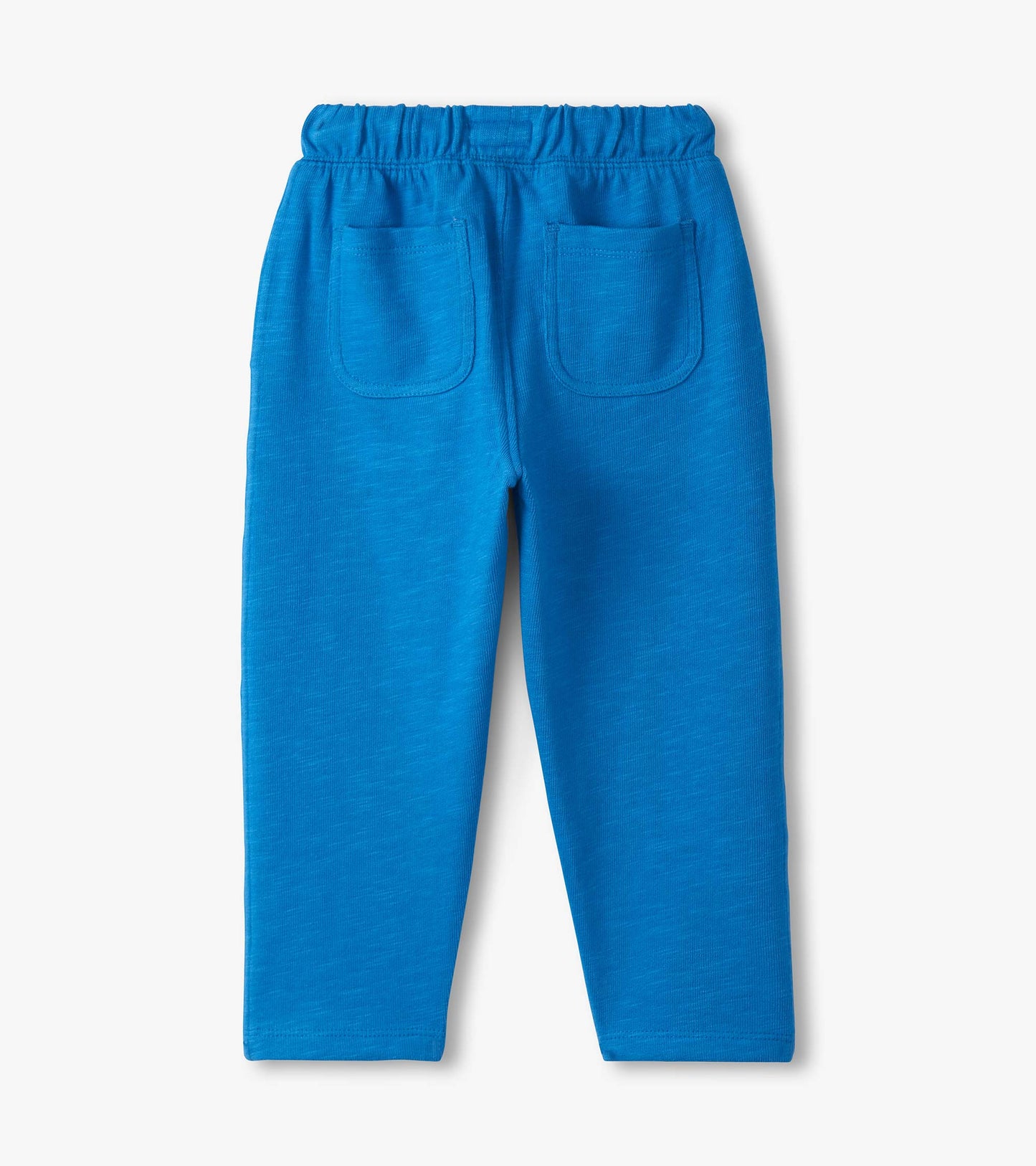 Bright blue lounge pants for baby and toddler boys, featuring an elastic waistband and two back pockets.
