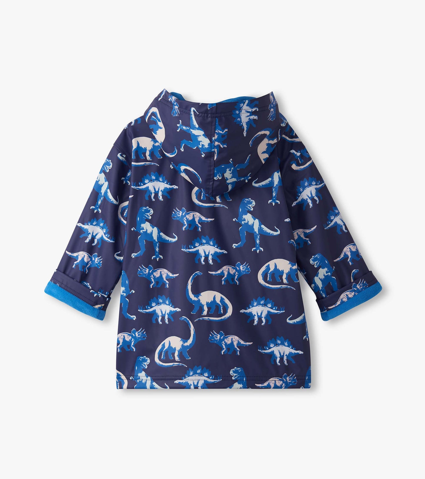 Navy zip-up raincoat featuring colorful dinosaur prints, with a hood and blue trim on the sleeves.