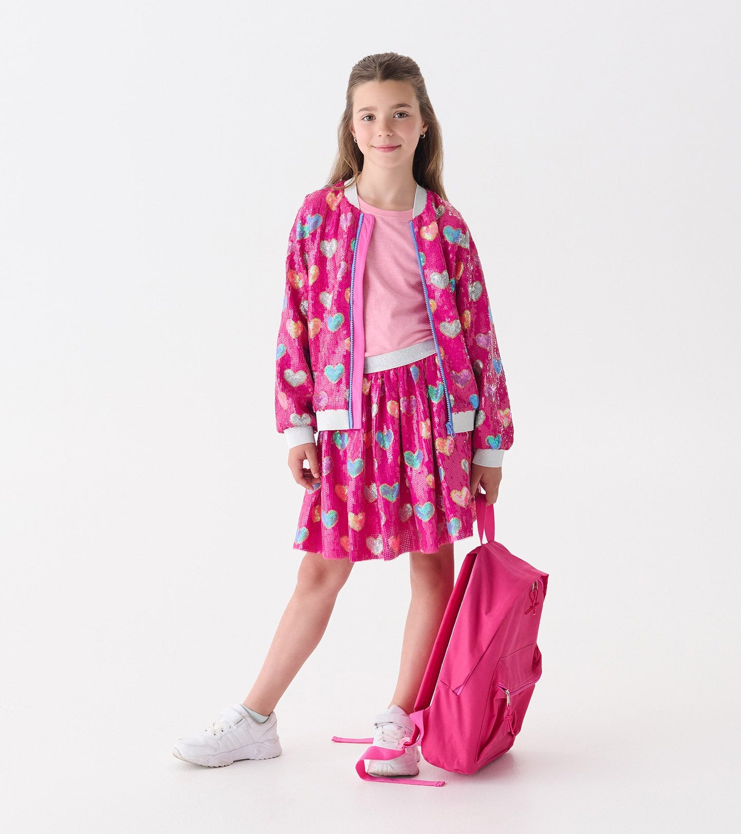 Girls Pink Busted Hearts Sequin Skirt