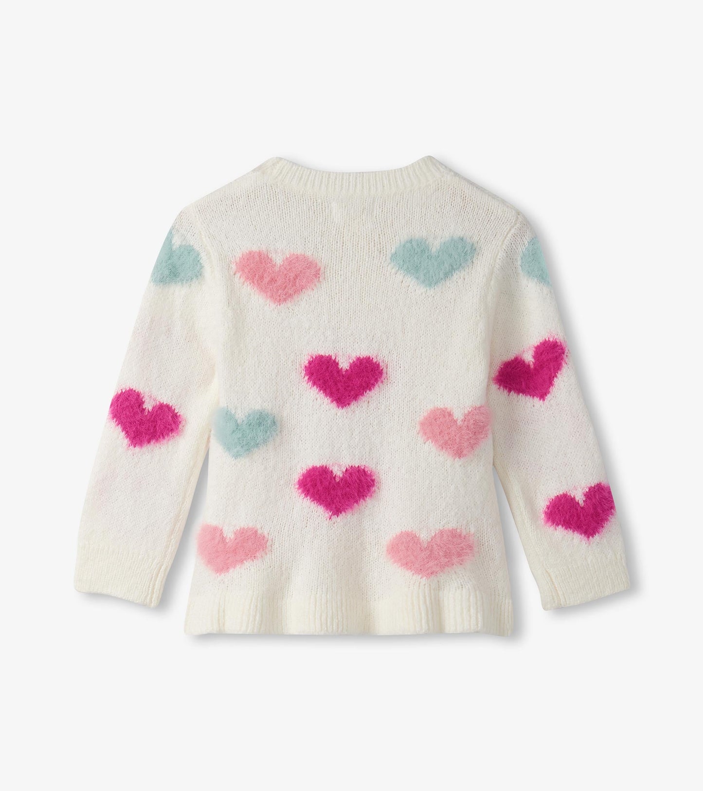 White sweater with colorful fuzzy heart patterns in pink and blue, featuring long sleeves and a round neckline.