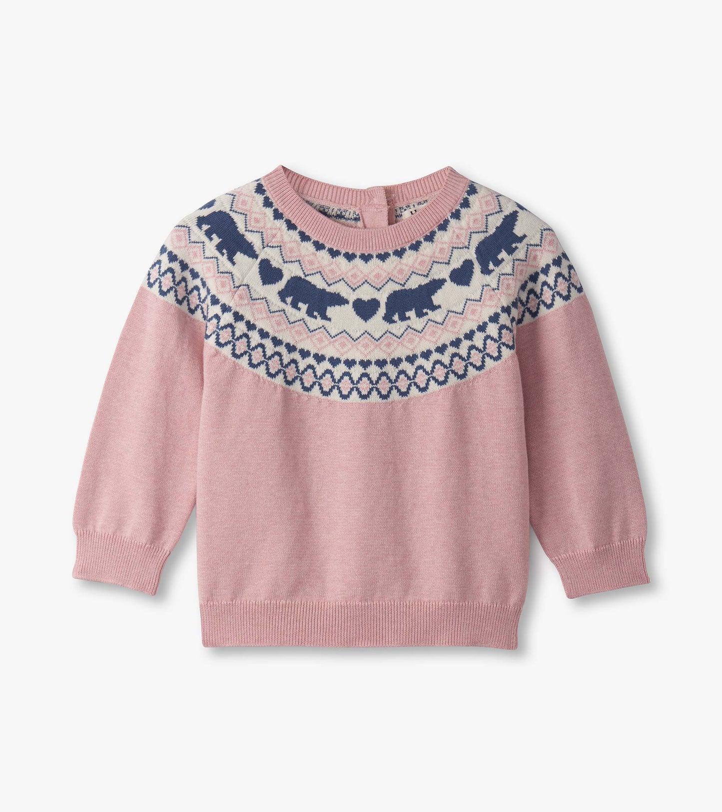 Pink sweater with bear and heart pattern, featuring a round neckline and long sleeves.