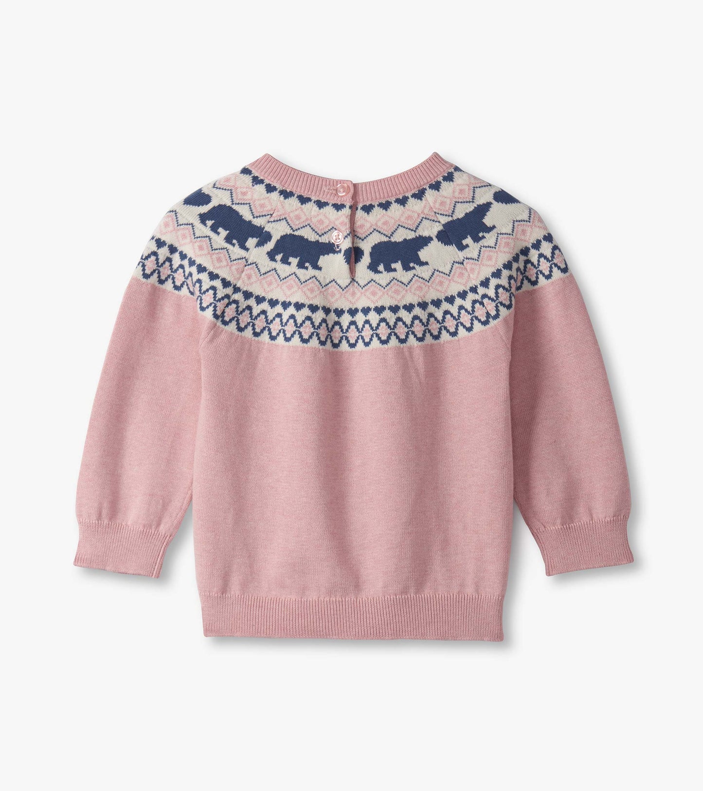 Pink sweater with bear pattern and geometric design on the yoke, featuring a round neckline and button closure at the back.