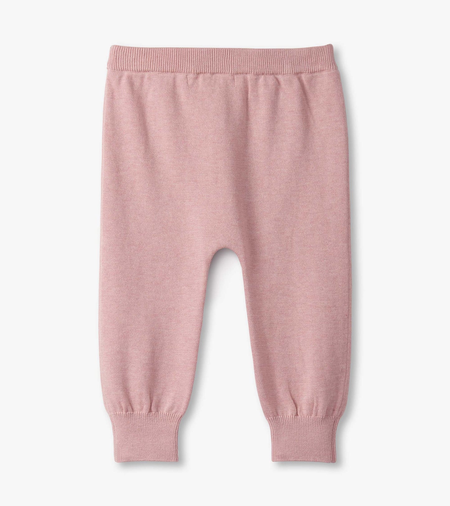 Light pink pull-on sweater pants with elastic waistband and ribbed cuffs, suitable for baby girls.