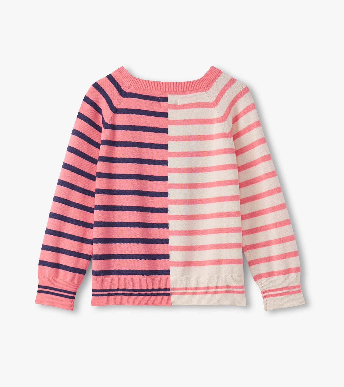 Pink and cream striped sweater with long sleeves and a crew neckline, featuring a mix of wide and narrow stripes.