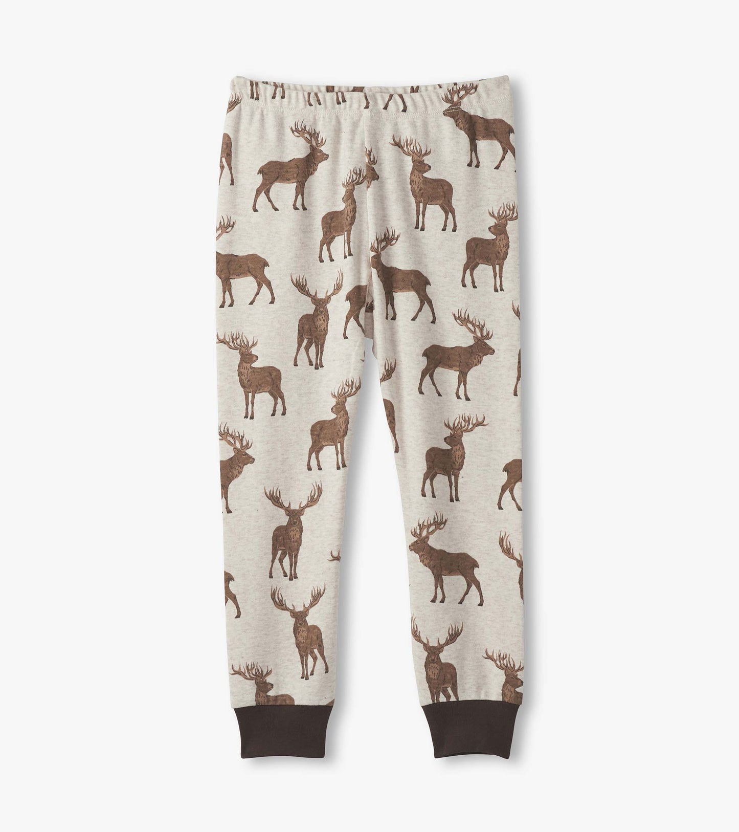 Light gray cotton pajama pants featuring a brown stag print and dark cuffs. Ideal for boys' sleepwear.