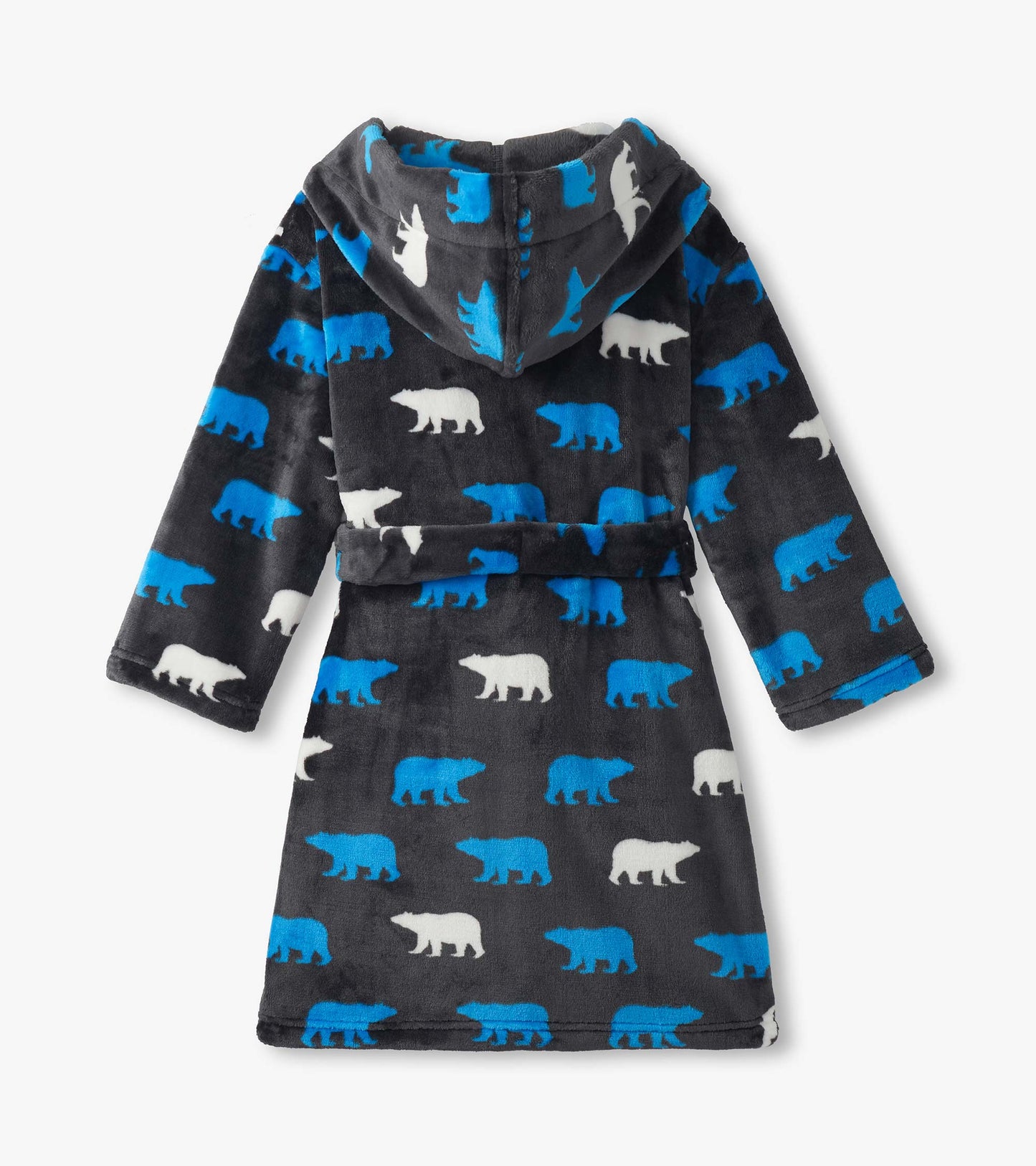 Fuzzy fleece robe featuring a polar bear silhouette pattern in blue and white on a dark gray background, with a hood.