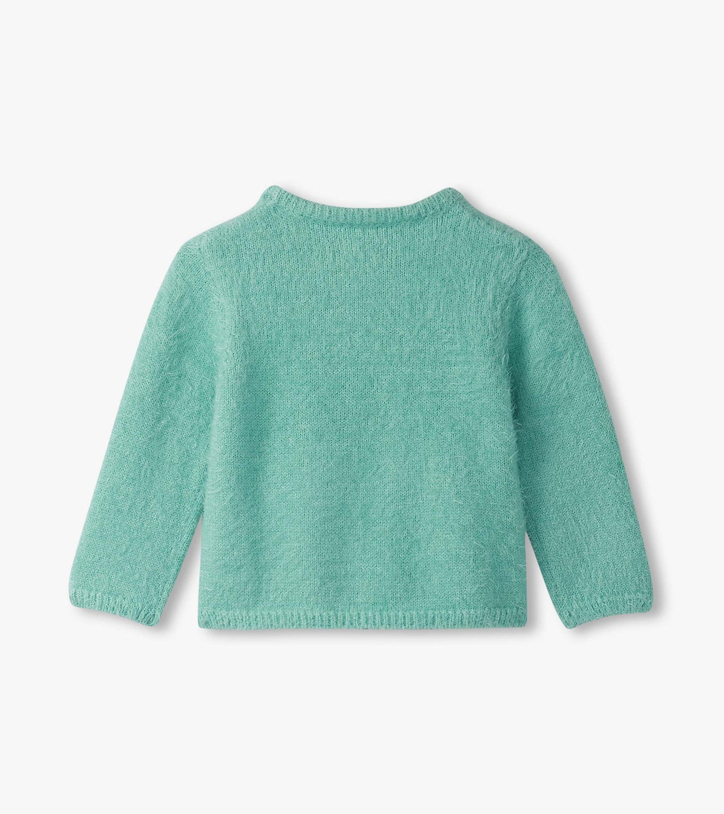 Mint green furry sweater for baby and toddler girls, featuring long sleeves and a round neckline. Back view shown.