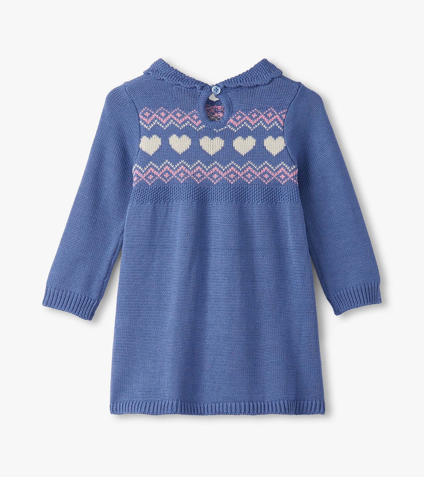 Blue cable knit sweater dress featuring a heart pattern across the chest and a button closure at the back.
