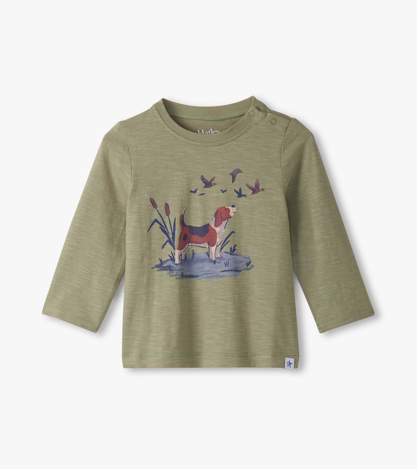 Olive green long-sleeve top featuring a graphic of a hunting dog surrounded by birds and plants.