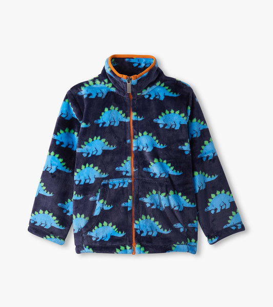 Navy fleece zip-up jacket featuring blue stegosaurus patterns and a bright orange collar.