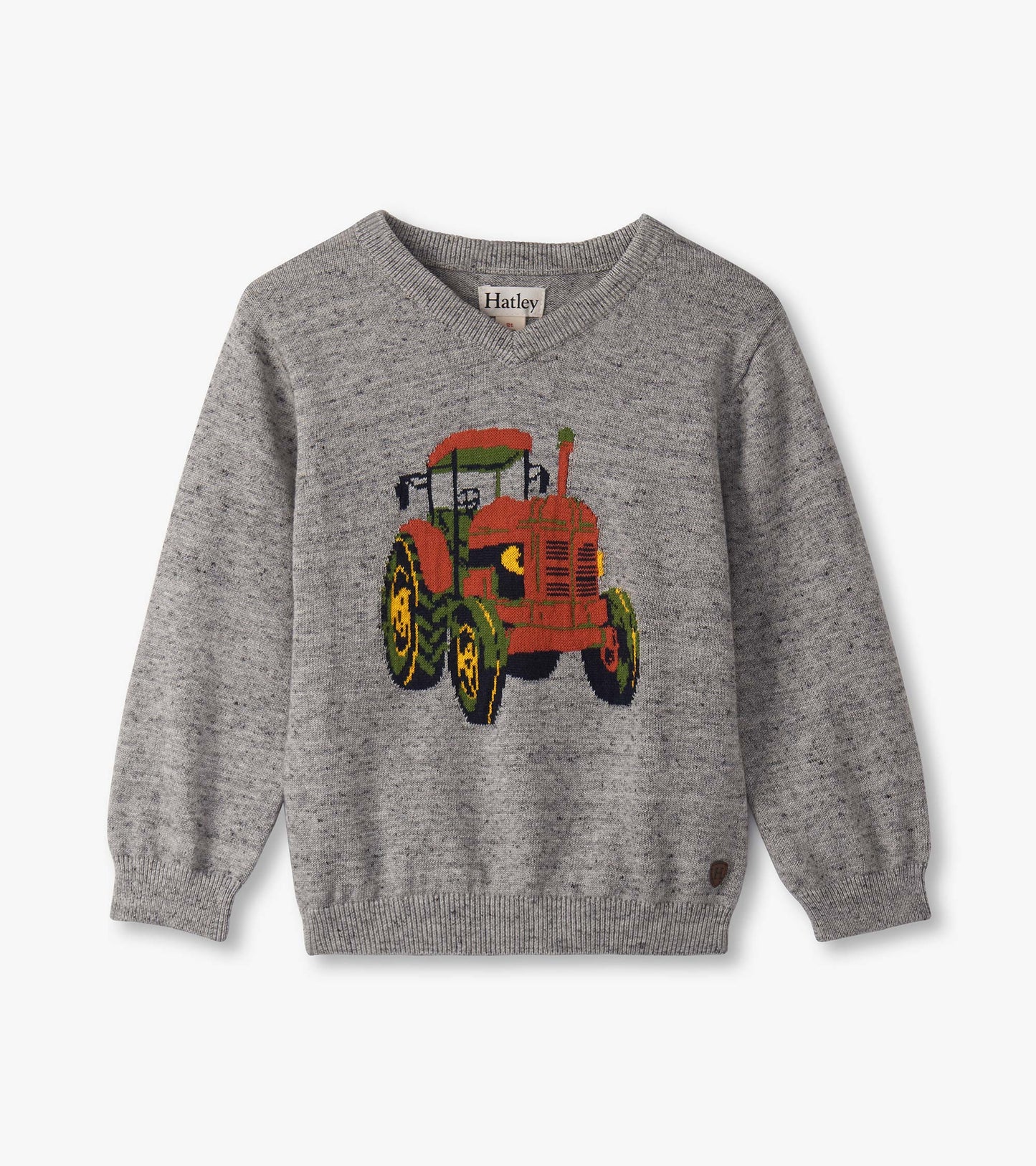 Gray V-neck sweater featuring a colorful tractor design, suitable for baby and toddler boys.