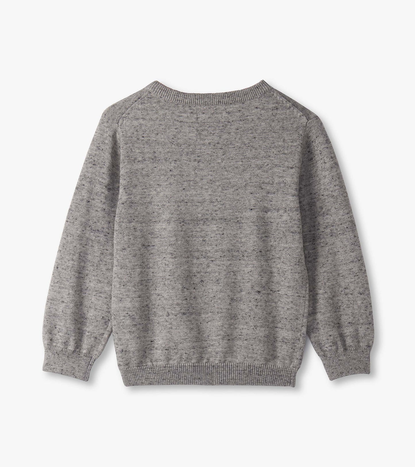 Gray V-neck sweater for baby and toddler boys, featuring long sleeves and a soft, textured knit. Back view shown.