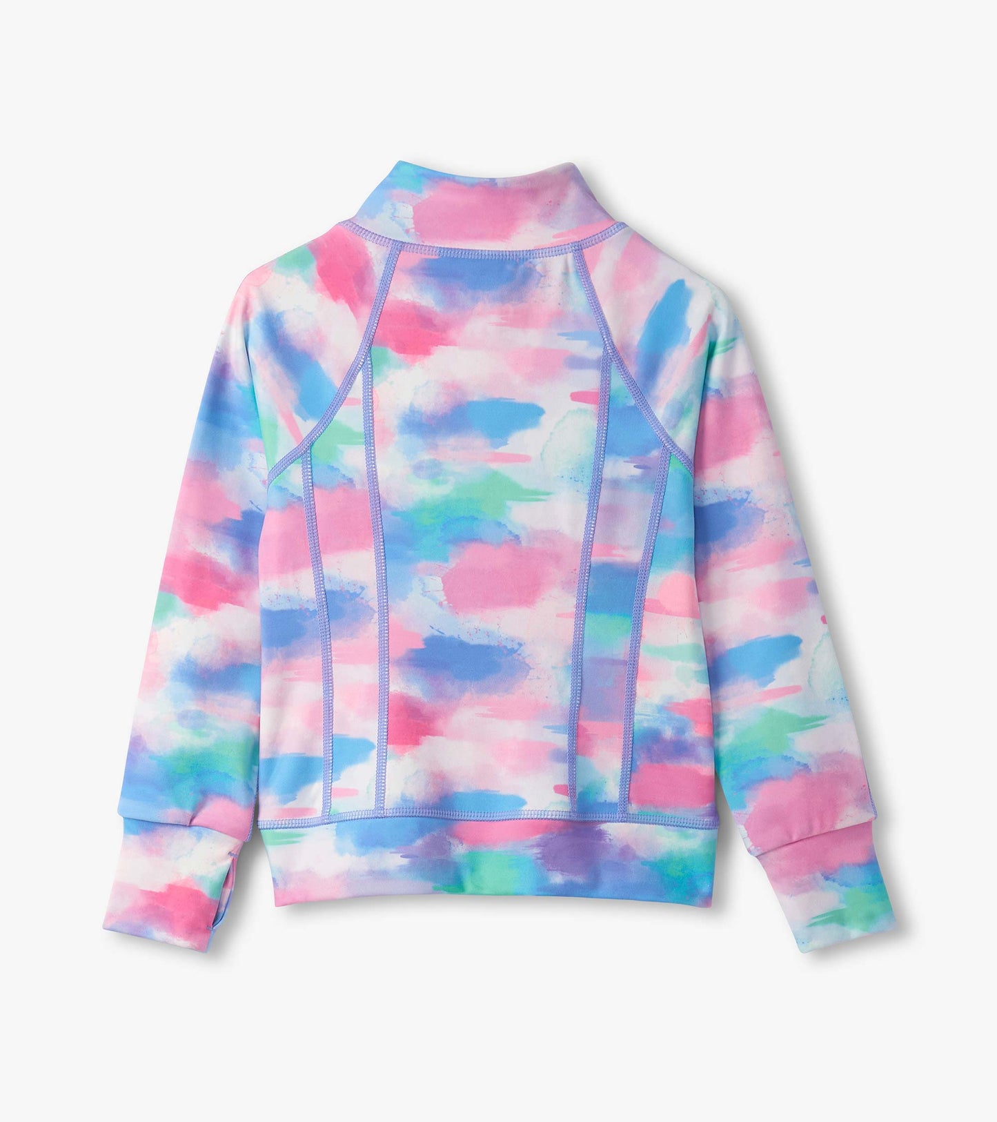 Colorful, lightweight active jacket with a pastel watercolor pattern, featuring a high collar and long sleeves.