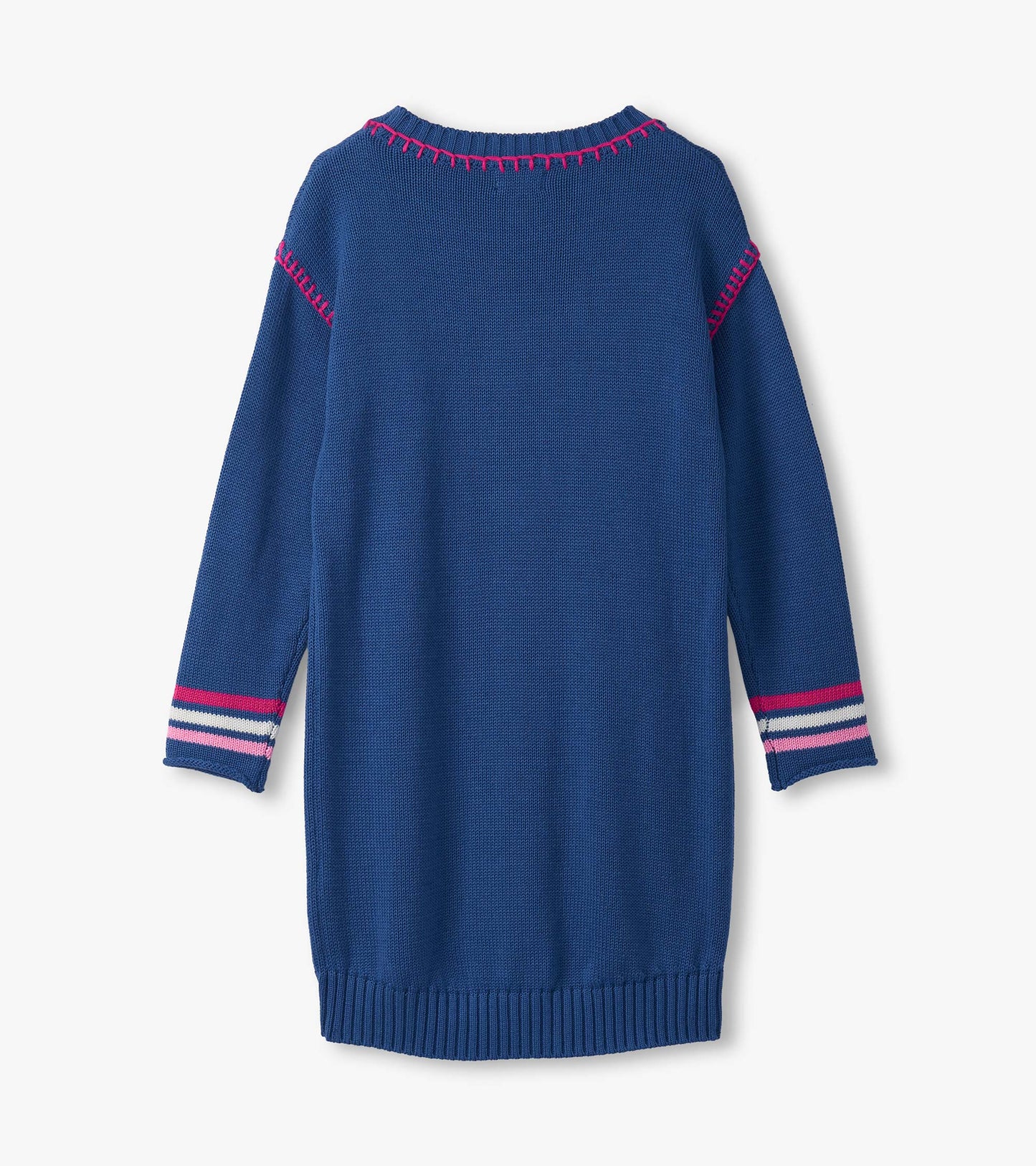 Blue drop shoulder sweater dress with pink and white striped accents on sleeves, featuring a ribbed hem.