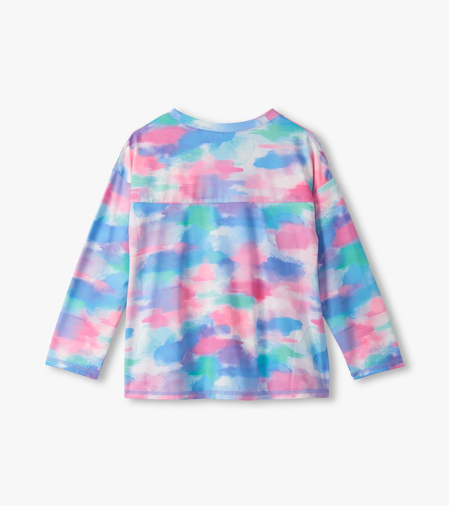 Long sleeve swing shirt in pastel colors with a watercolor pattern, featuring a relaxed fit and round neckline.