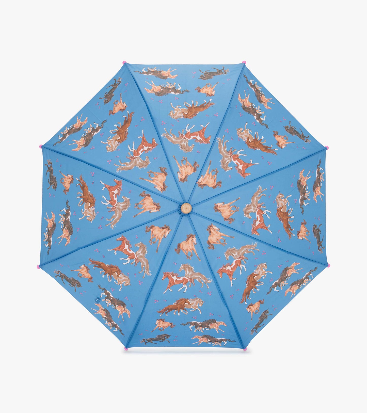 Blue umbrella featuring a playful pattern of galloping horses and flowers, designed for girls.