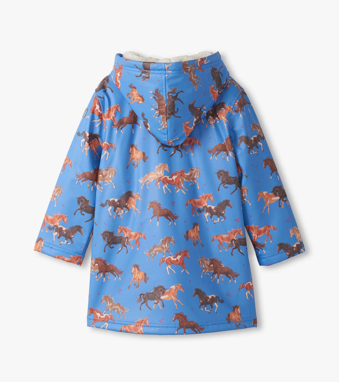 Blue raincoat featuring a playful horse print, with a cozy sherpa lining and a hood.