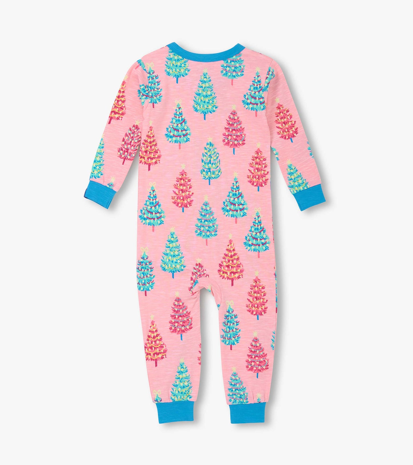 Pink cotton sleeper featuring colorful bottle brush trees, with long sleeves and blue cuffs.
