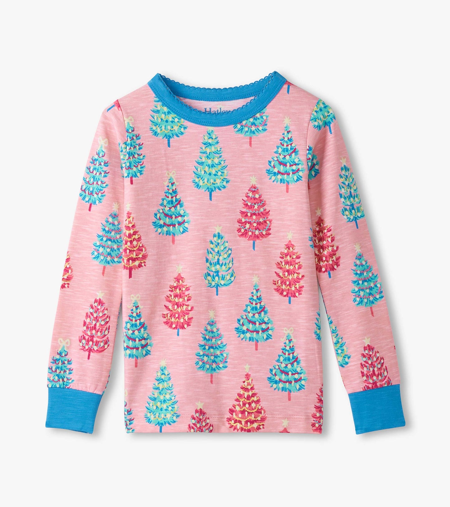 Pink cotton pyjama top featuring colorful bottle brush trees and blue cuffs, ideal for girls' sleepwear.