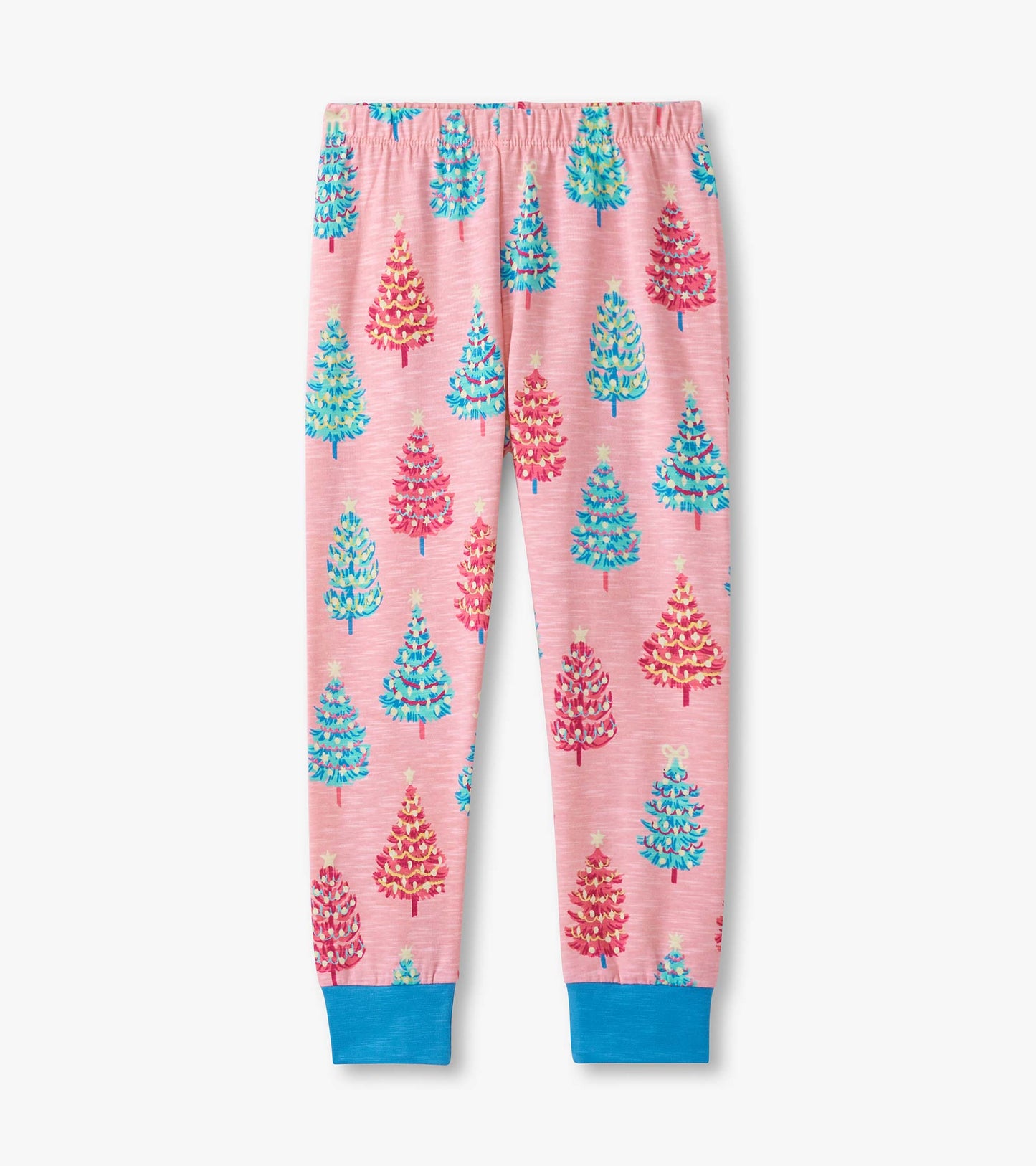 Pink cotton pajama set featuring colorful bottle brush tree patterns and blue cuffs.