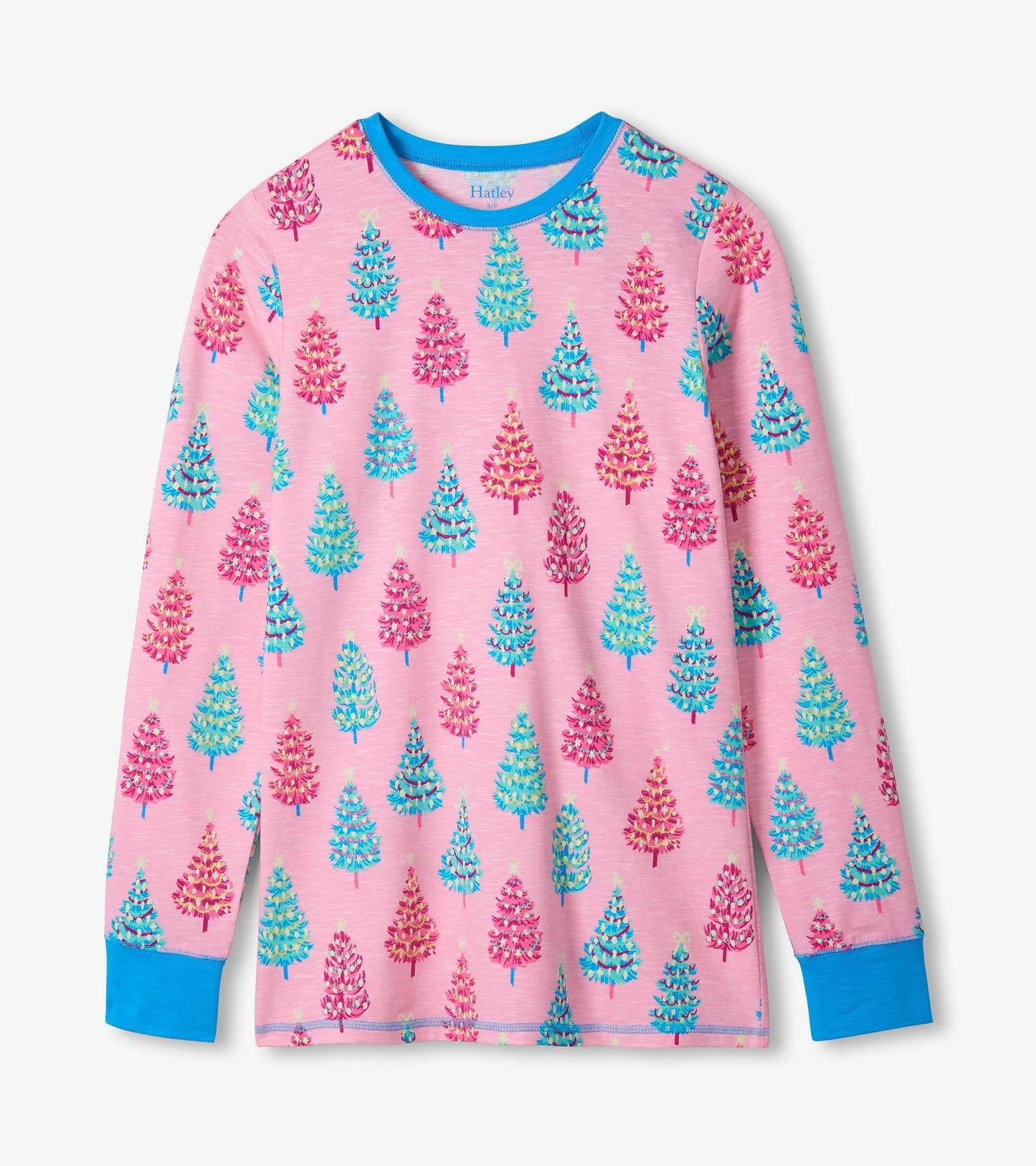 Pink cotton pyjama top featuring colorful bottle brush tree patterns and blue cuffs.