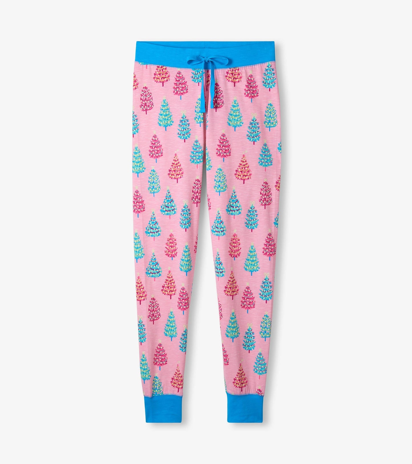 Pink cotton pyjama set featuring colorful bottle brush trees, with a blue waistband and cuffs.