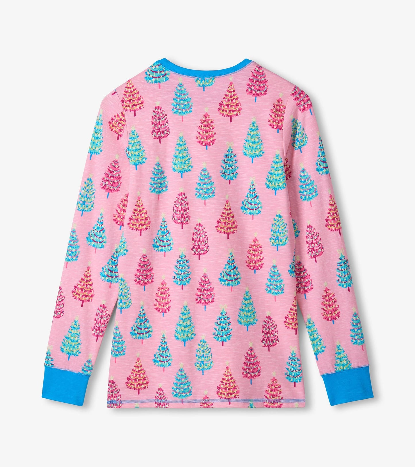 Pink cotton pyjama top featuring colorful bottle brush tree patterns and blue cuffs, shown from the back.