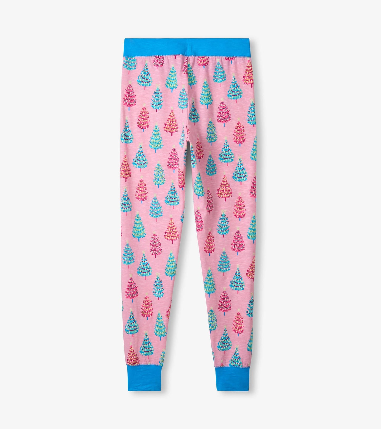 Pink cotton pyjama set featuring colorful bottle brush tree patterns, with a blue waistband and cuffs.