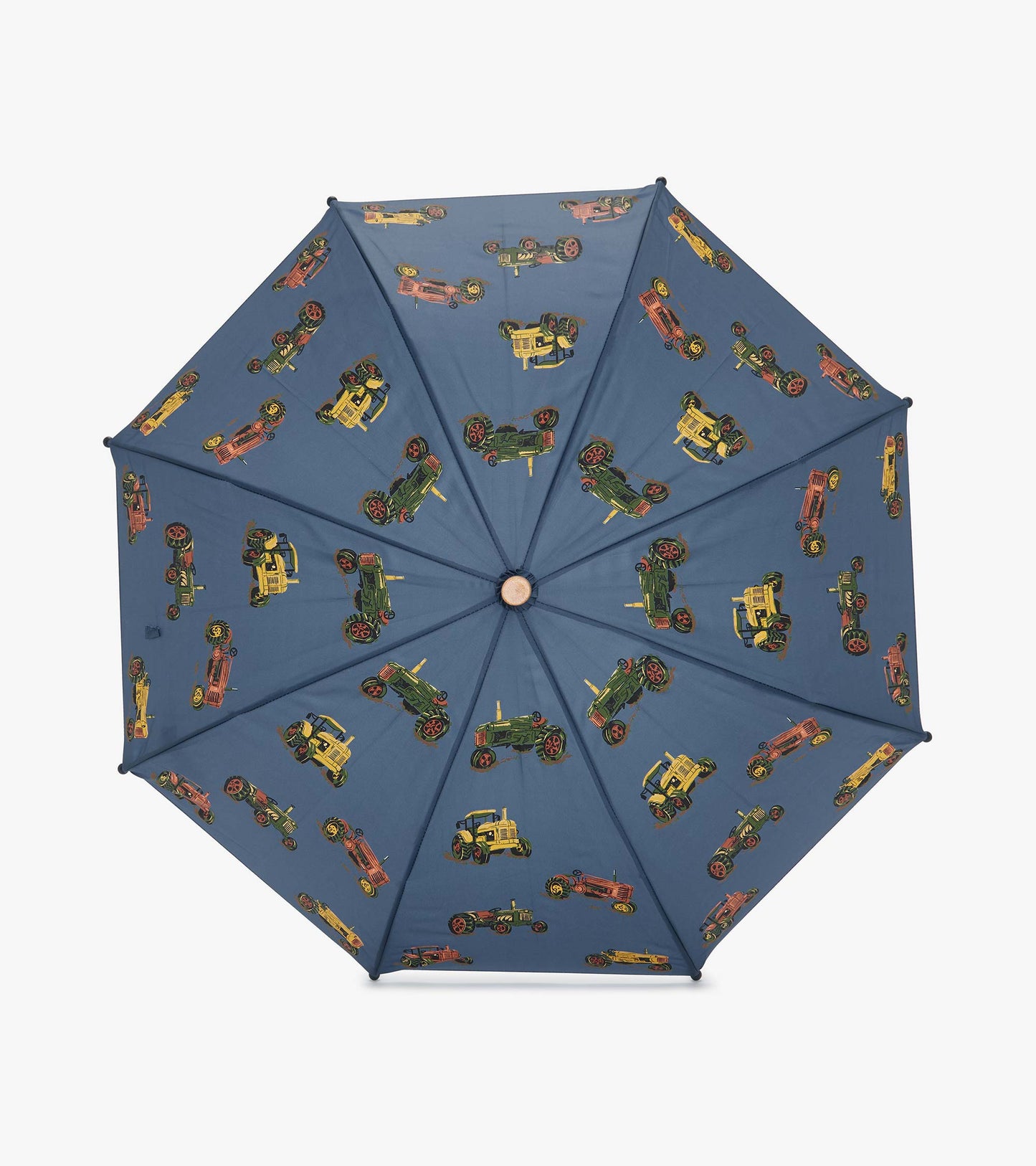 Blue umbrella featuring colorful tractor patterns, perfect for boys.