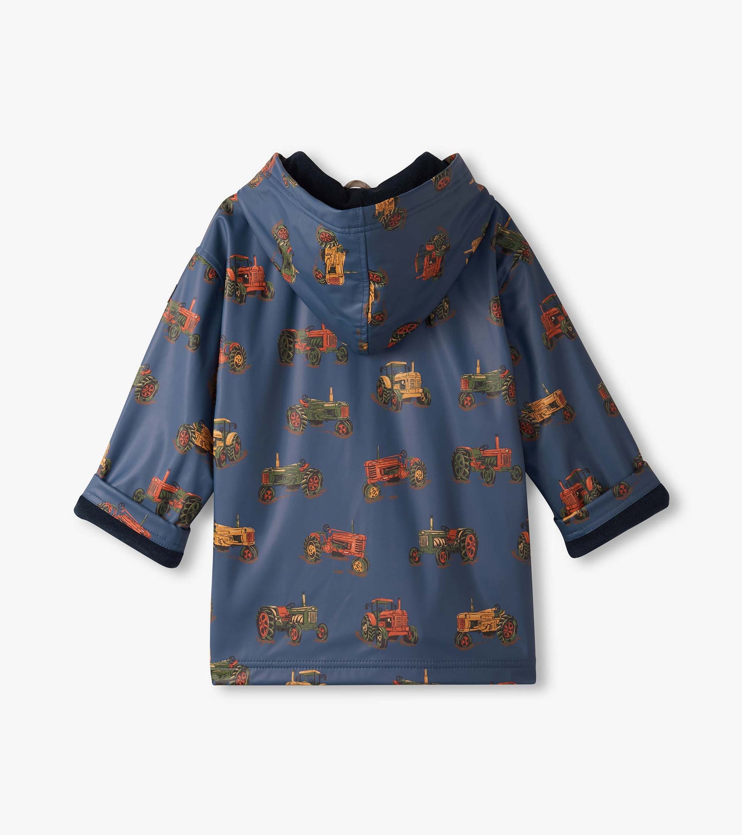 Blue zip-up raincoat featuring colorful tractor patterns, designed for boys, with a hood and short sleeves.