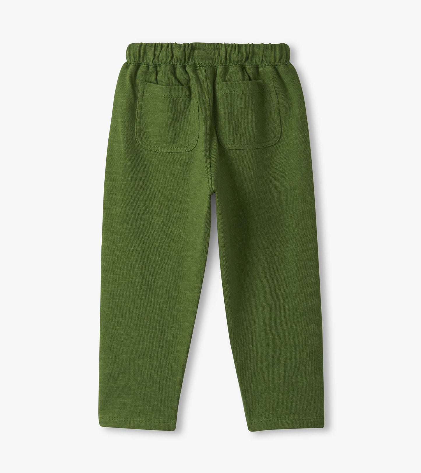 Green lounge pants with an elastic waistband and two back pockets, suitable for baby and toddler boys.