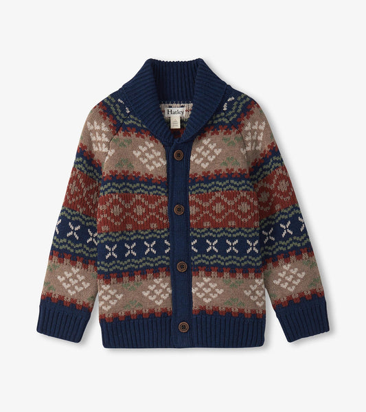 Boys' shawl collar cardigan featuring a vintage Fair Isle pattern in navy, red, green, and cream with button closure.