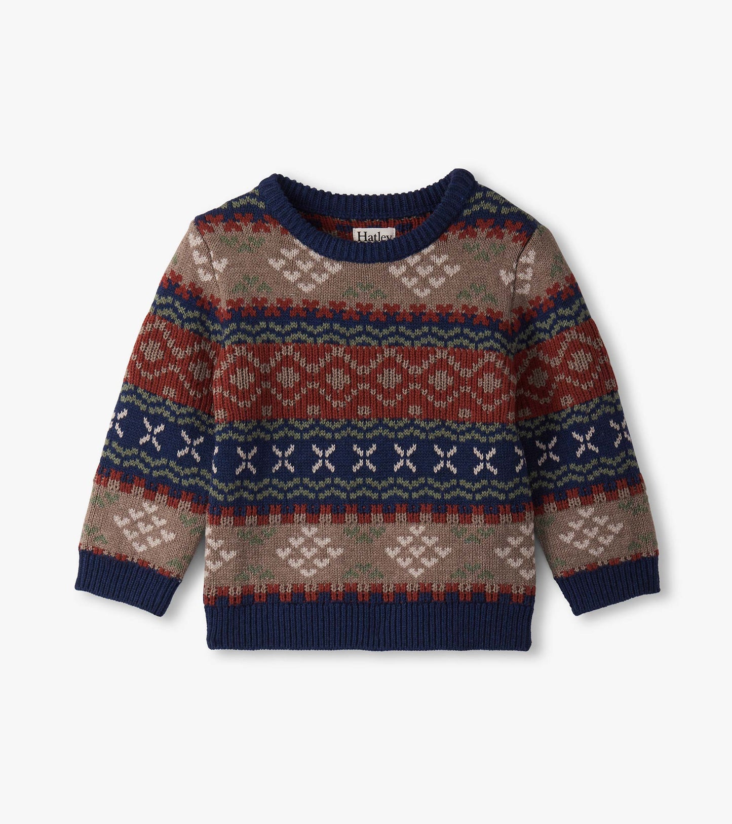 Vintage Fair Isle crew neck sweater featuring earthy tones, intricate patterns, and ribbed cuffs, suitable for baby and todd…