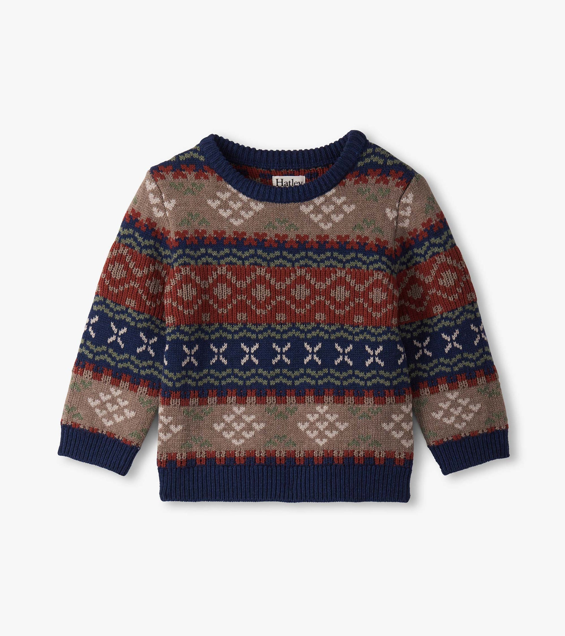 Vintage Fair Isle crew neck sweater featuring earthy tones, intricate patterns, and ribbed cuffs, suitable for baby and todd…