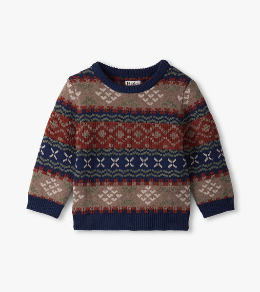 Vintage Fair Isle crew neck sweater featuring earthy tones, intricate patterns, and ribbed cuffs, suitable for baby and todd…