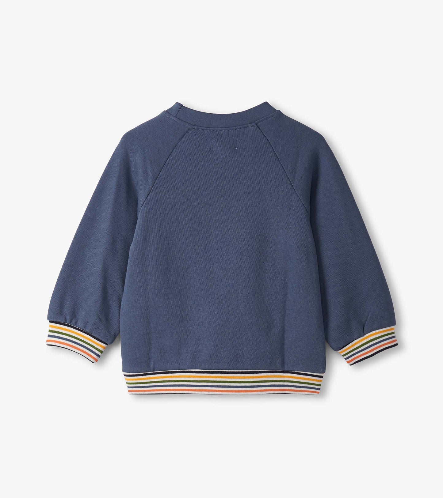 Navy pullover sweatshirt for baby and toddler boys, featuring striped cuffs and hem, with a soft, cozy fabric.