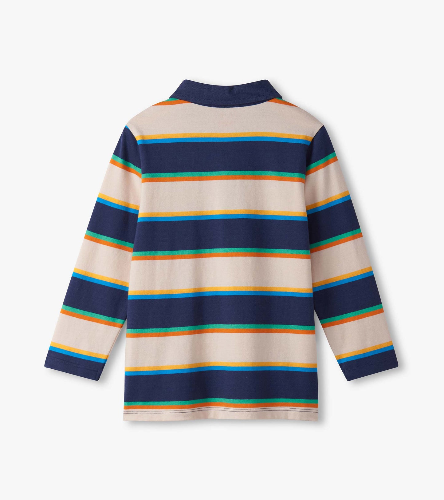 Long-sleeve rugby shirt featuring navy and cream stripes with colorful accents, designed for boys.