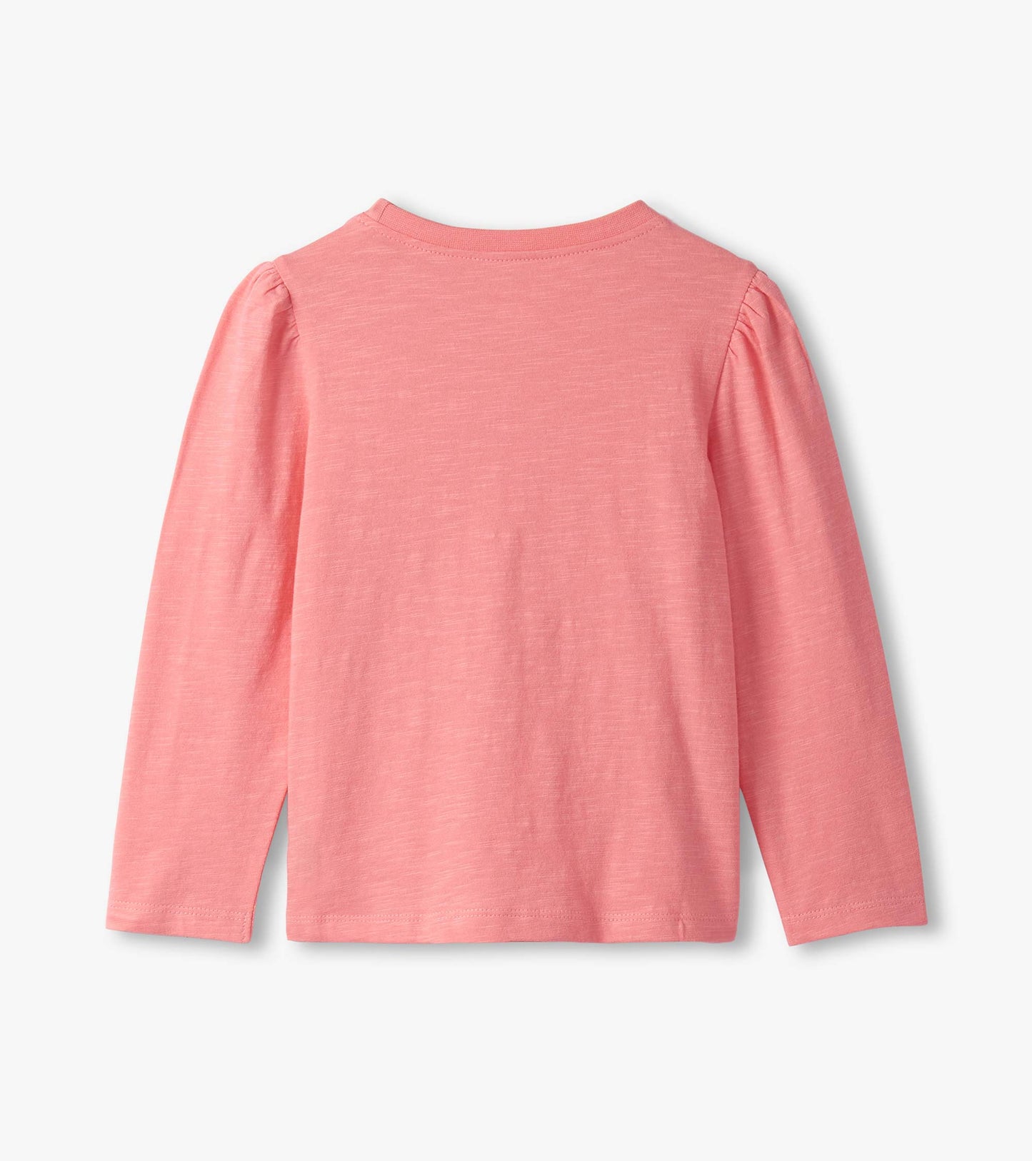 Light pink long-sleeve tee with puff sleeves and a smooth texture, featuring an embroidered floral design on the front.